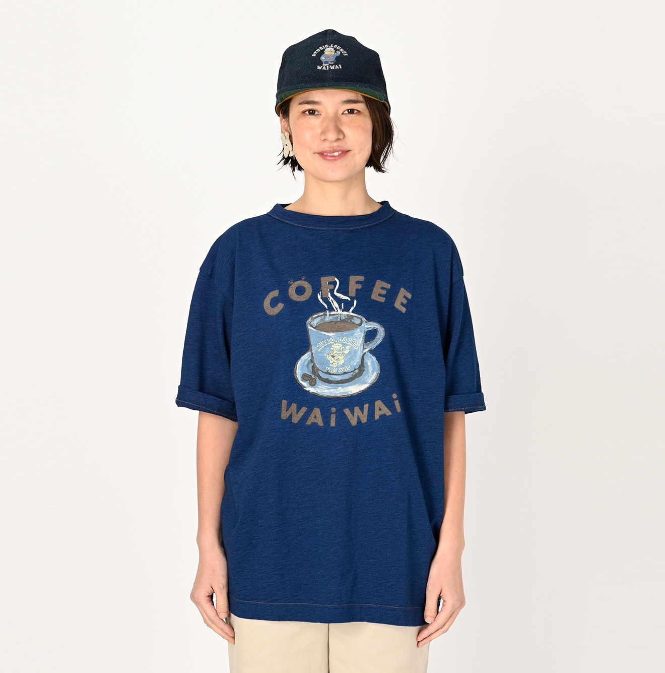 45RWAIWAI コーヒーベタッチプリントの90845星Tシャツ（インディゴ 